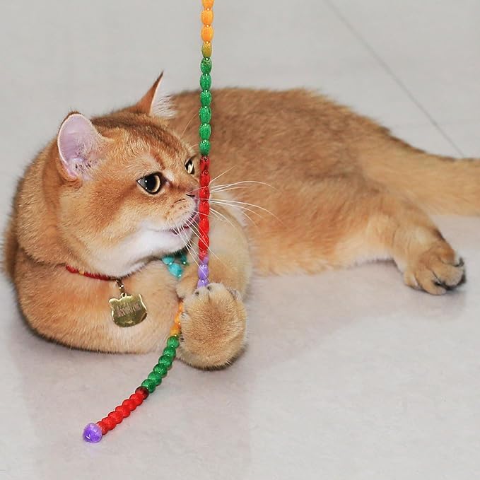 Interactive Cat Toys, 3 Pcs Cat Wand Toys for Indoor Kitten with Colorful Bead Shape Hemp Rope and Small Bell, Kitty Teaser String Toy for Indoor Cats to Chase and Exercise