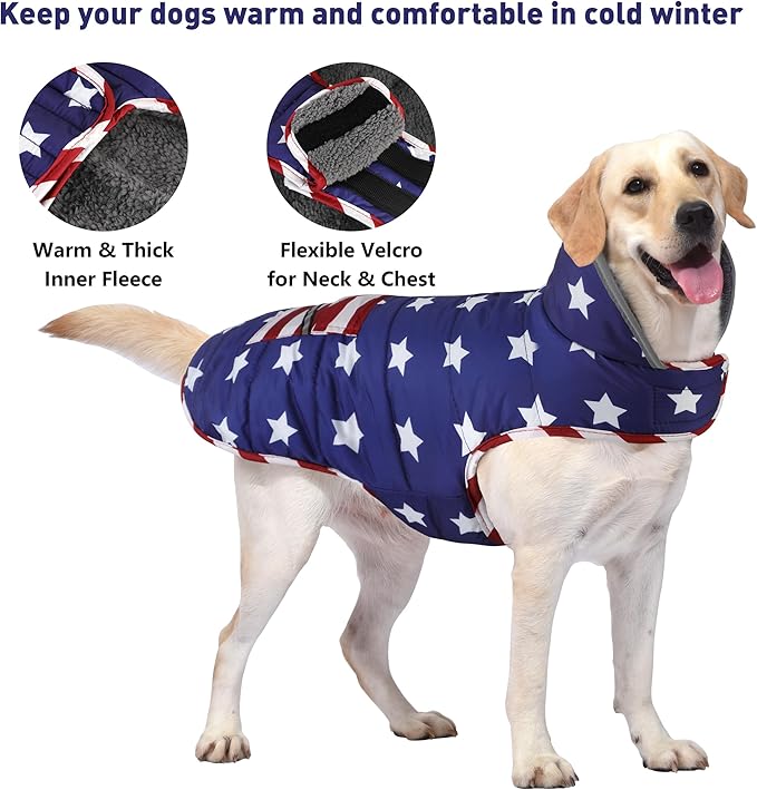 Dog Coat, Waterproof Dog Winter Jacket with Pocket, Reflective Adjustable Pet Snow Vest, Warm Cozy Fleece Sweater for Small Medium Extra Large Dogs - American Flag, S