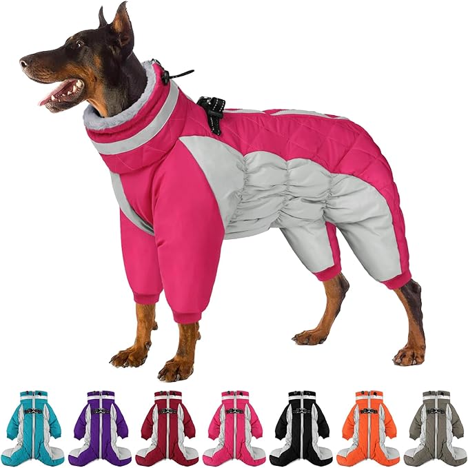 SUNFURA Full Body Dog Coat - Warm Fleece Jacket for Large Dogs, Turtleneck Winter Coats with Harness, Reflective Windproof Dog Snowsuit with Legs for Labrador,Golden Retriever, Hot Pink 2XL