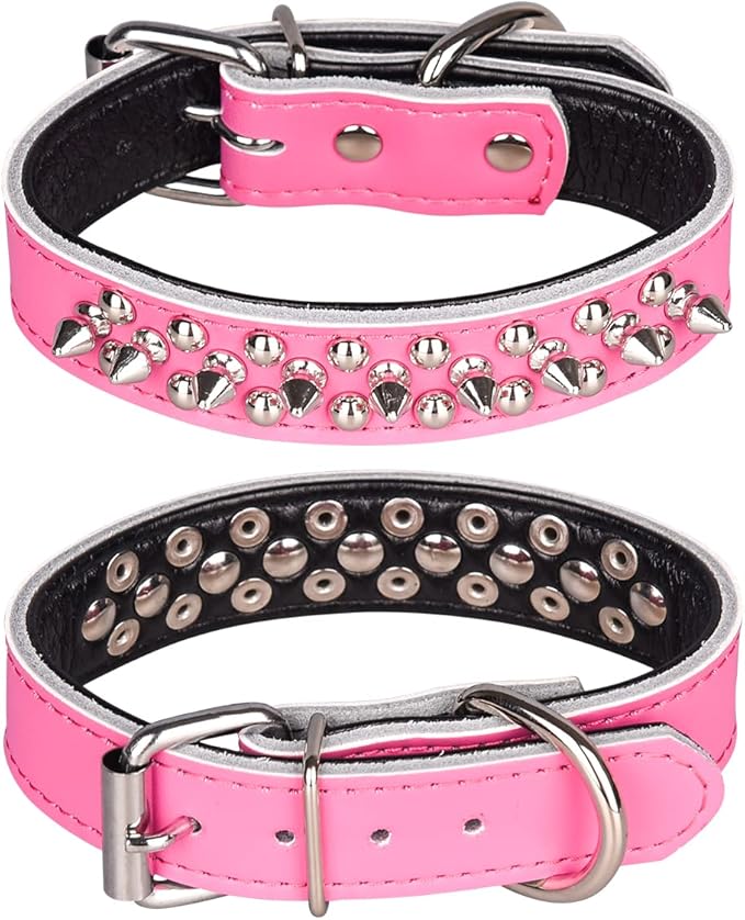 Adjustable Genuine Leather Spiked Studded Dog Collars for Small Medium Large Pets Like Pit Bull Bulldog Pugs Husky (S, Hot Pink)