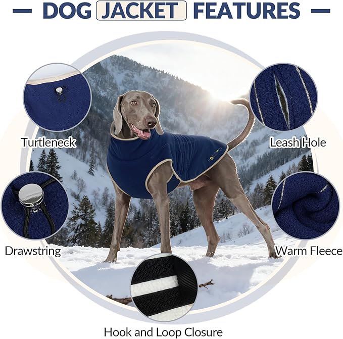 ROZKITCH Reversible Dog Coats for Large Dogs, Windproof Turtleneck Dog Vest Fleece Sherpa Sweater with Embroidery, Adjustable Double-Sided Plush Sweatshirt for Medium Large Breeds DarkBlue 2XL