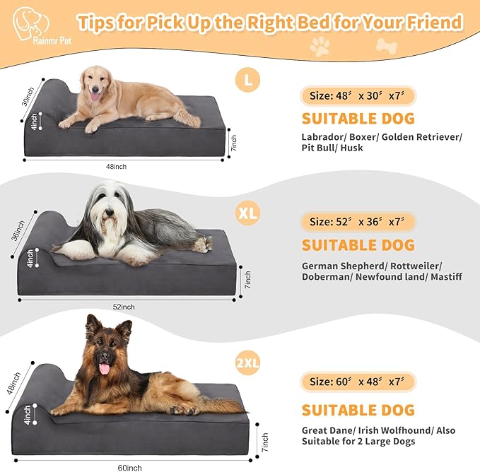 Orthopedic Dog Beds for Large Dogs, 7" Memory Foam Dog Beds with Waterproof Liner, Chew Proof Microsuede Cover, Removable and Washable, Nonskid Bottom, 60"x48"x7" XXL Grey