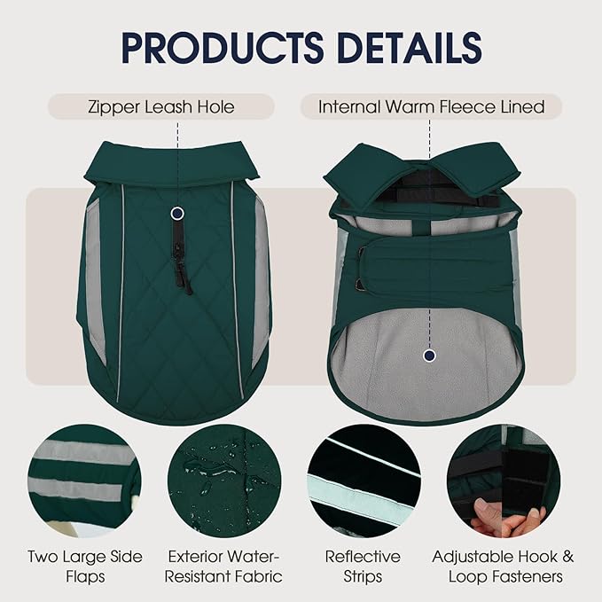 IECOii Dog Winter Coat - Waterproof & Windproof & Reflective Coats, Adjustable & Fleece Lined Snow Jacket for Pitbull Outdoor Adventures, Green, Sizes XL