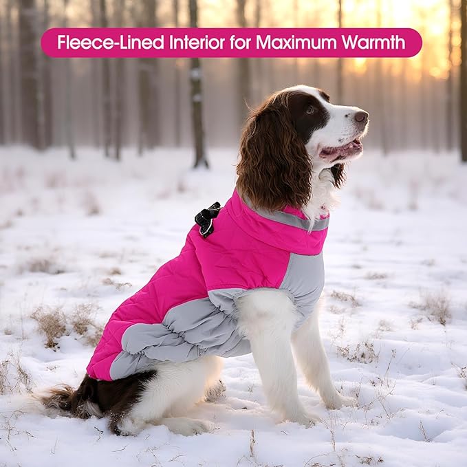 FUAMEY Dog Coat for Large Dogs,Waterproof Dog Winter Jacket with Harness Built in Puppy Cold Weather Coats Reflective Pet Vest with Zipper Warm Fleece Dogs Snowsuit Windproof Pink XXXL
