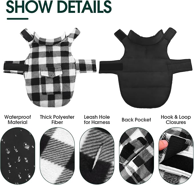 Kuoser Dog Winter Coat, Windproof Dog Fleece Jacket British Style Plaid Cold Weather Doggie Vest Coats, Reversible Cozy Warm Pet Clothes Apparel for Large Size Dogs L