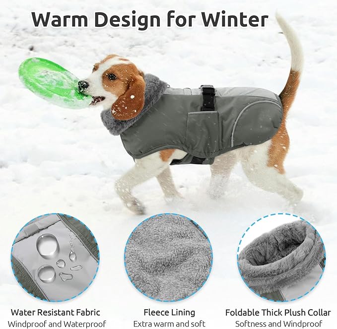 Queenmore Dog Coats for Large Breeds, Dog Snow Jacket, Adjustable Easy On Large Dogs Winter Jackets, Waterproof Cold Weather Pet Coat, Grey, L
