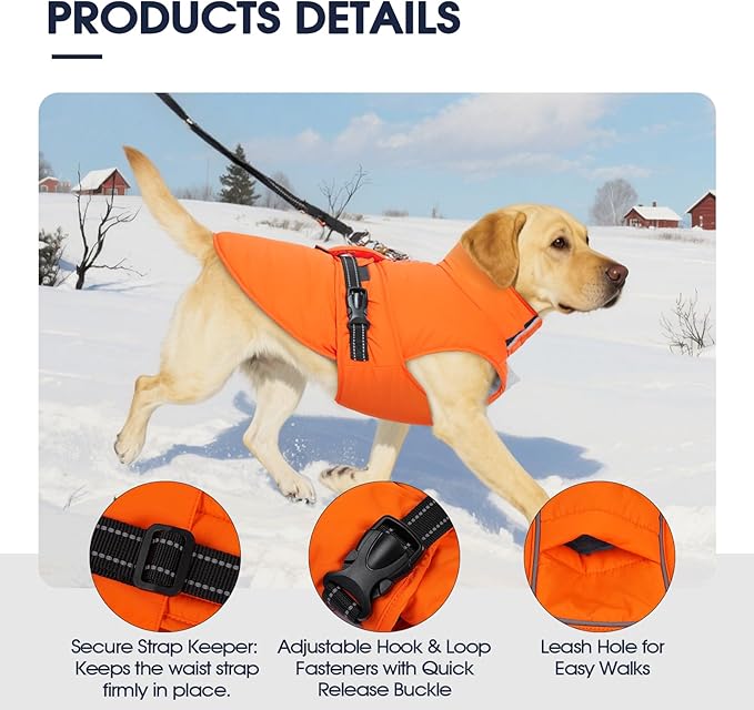 IECOii Large Dog Coat - Reflective, Adjustable & Windproof, Warm Vest for Corgi & Beagle & French Bulldog, Waterproof Fleece Lined Jacket for Hiking, Quick Snap Buckles, Orange, Size L