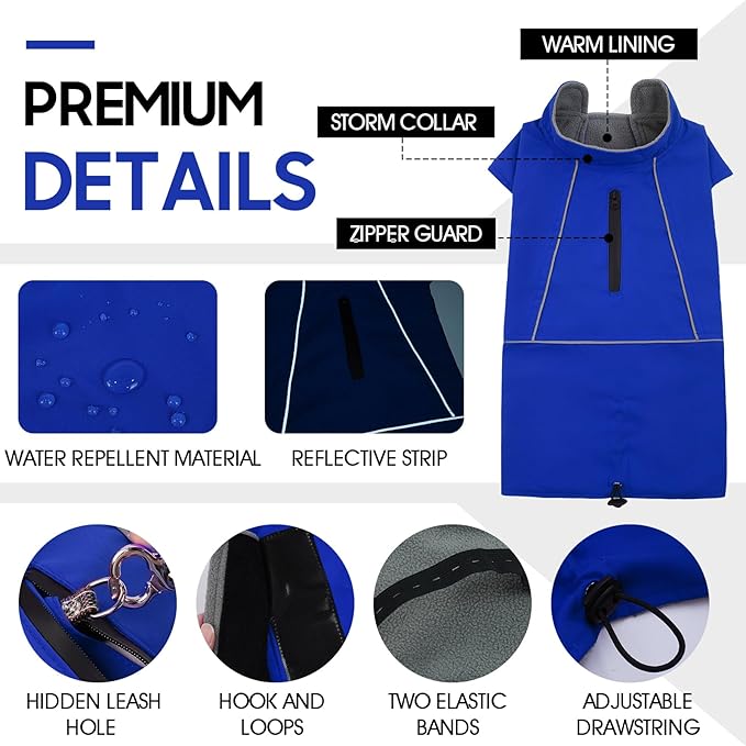 ROZKITCH Dog Rain Jacket, Waterproof Jacket with Fleece Liner and Leash Hole Reflective Strip for Small Medium Dog, Adjustable Winter Coats Poncho Vest for Outdoor Hiking Travel Blue M