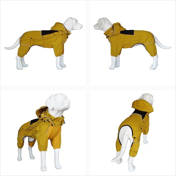 LOVELONGLONG Fleece-Lined Dog Raincoat with Removable Hood – Waterproof Winter Full Body Dog Jacket – Windproof Snowproof Cold-Weather Suit – Yellow-F 4XL