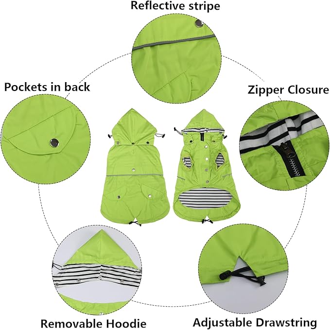 Dog Raincoat Waterproof Raincoats Dog rain Jacket Buttons Zipper Hood Drawstring Suitable for Small Medium Yorkie Terrier Schnauzer Poodle Border Collie Labrador 8lbs to 80lbs Green XL