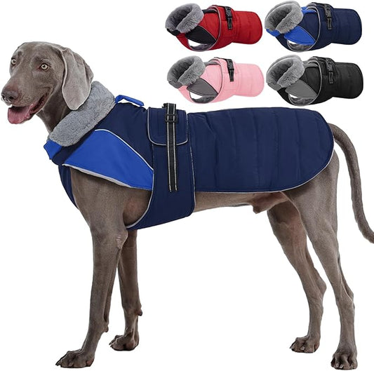 Nanaki Dog Coat Jacket for Large Dogs Winter Waterproof, Warm Fleece Lining Furry Collar Large Dog Jacket with Leash Hole, Reflective Cold Weather Pet Jacket Outdoor Walking Hunting,Easy On Blue 3XL