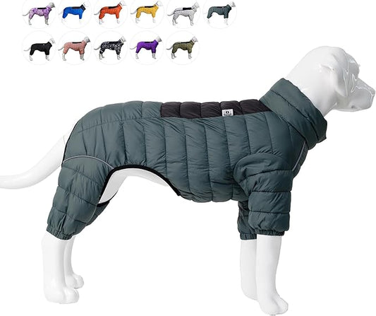 Lovelonglong Dog Coat Dog Warm Jacket, 4 Legs Covered Waterproof Windproof Reflective Warm Dog Vest, Zippered Adjustable Outdoor Dog Snow Jacket for Small Medium Large Dogs ArmyGreen XL