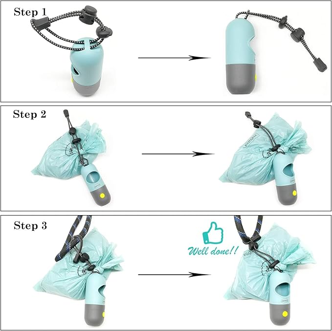 Dog Poop Bags Holder with LED Flashlight, 15 Crystal Blue Bags, 3 Accessories, 3 LR44 Batteries Included