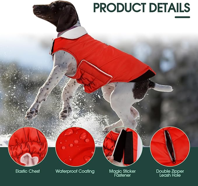Kuoser Dog Coat Small, Cold Weather Reflective Waterproof Dogs Jacket with Warm Fleece Lining, Turtleneck Dog Winter Coat with Zipper, Doggy Snow Jacket Pet Coats for Small Medium Large Dogs, Red XS