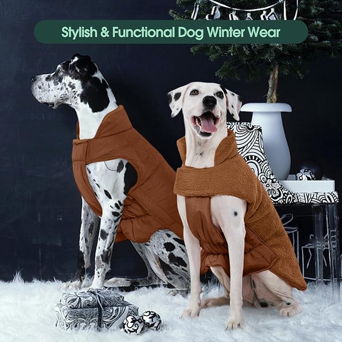 Kuoser Reversible Dog Coat – Warm Fleece & Quilted Waterproof Dog Jacket, Double-Sided Cold Weather Dogs Winter Coat with Harness Hole, Windproof Pet Snow Vest for Small Medium Large Dogs, Brown S