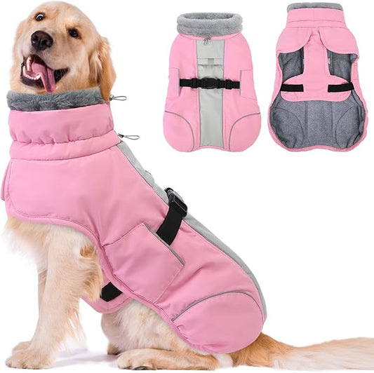 Queenmore Dog Jackets for Large Dogs, Fleece Dog Coats, Windproof Winter Large Breeds Jacket Winter, Reflective Pet Jackets, Pink, XXXL