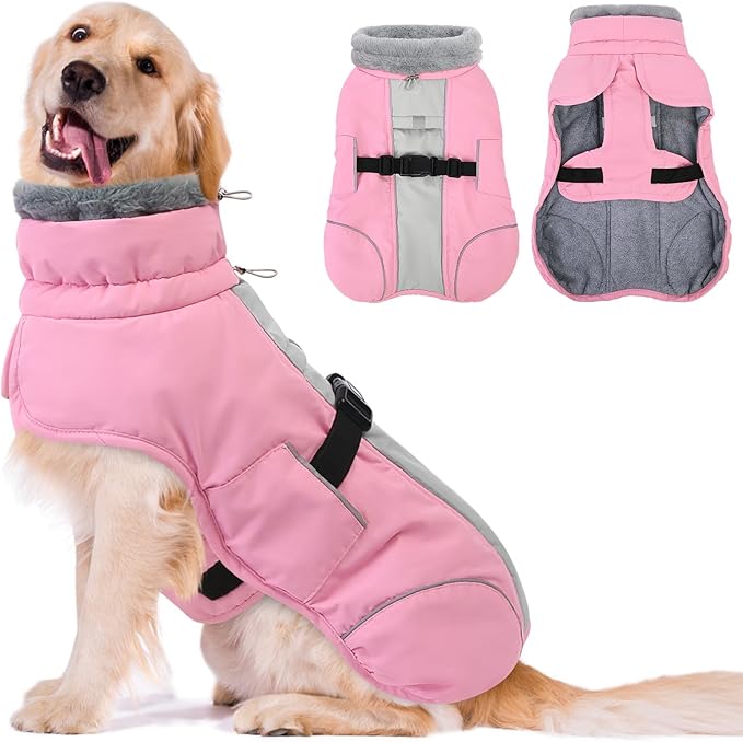 Queenmore XL Dog Jackets, Dog Coats for Large Breeds Winter Waterproof, Thick Fleece Lining Doggie Coats for X-Large Dogs Winter, Pet Jackets, Pink, XL