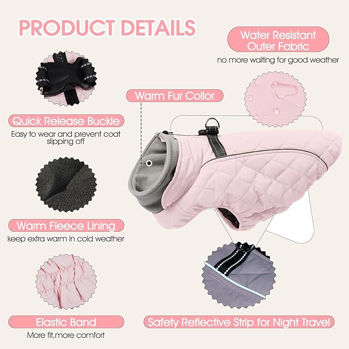 Dog Coat with Harness Built in -Pink,Small- Fleece Lined Dog Snow Jacket Snowsuit，Adjustable Reflective Winter Warm Cold Weather Coat