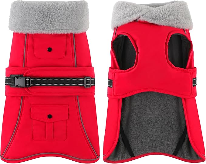 Dogcheer Dog Coat with Pocket, Waterproof Dog Jacket with Adjustable Buckle, Reflective Puppy Winter Coat Warm Turtleneck Fleece SnowJacket for Small Medium Large Dogs - Red S