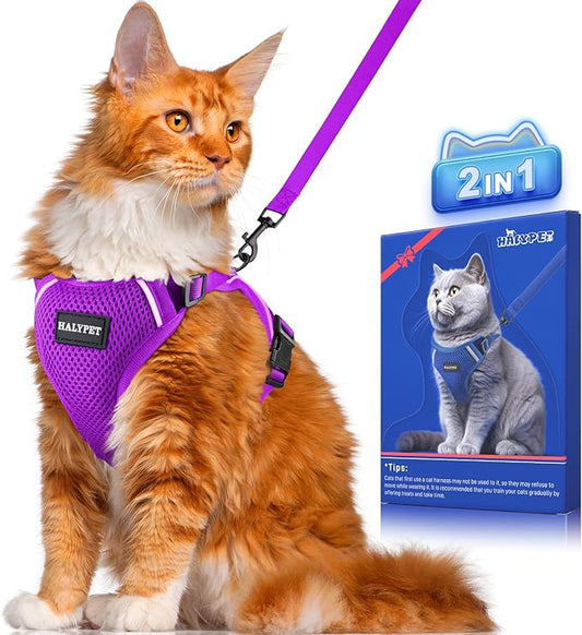 Halypet Cat Harness and Leash Set [ MAX Safety Third Generation ] Escape Proof Soft Adjustable Cat Leash Breathable Comfortable Vest Easy to Wear Kitten Harness for Outdoor Walking