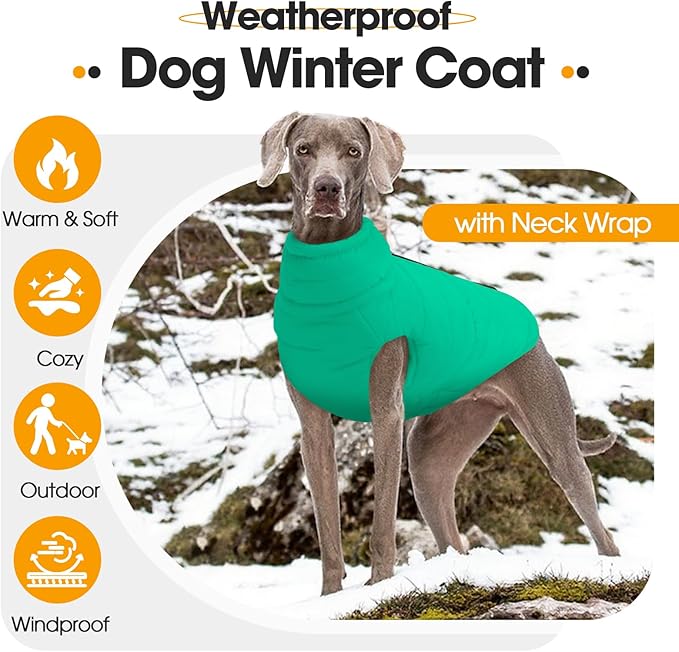 Dog Coat for Large Dogs, Dogs Snow Jacket with Back Zipper, Winter Warm Dog Puffer Vest with Detachable Neck Wrap, Winter Pet Clothes Elastic Band on Chest for Springer, Dalmatian, Green L