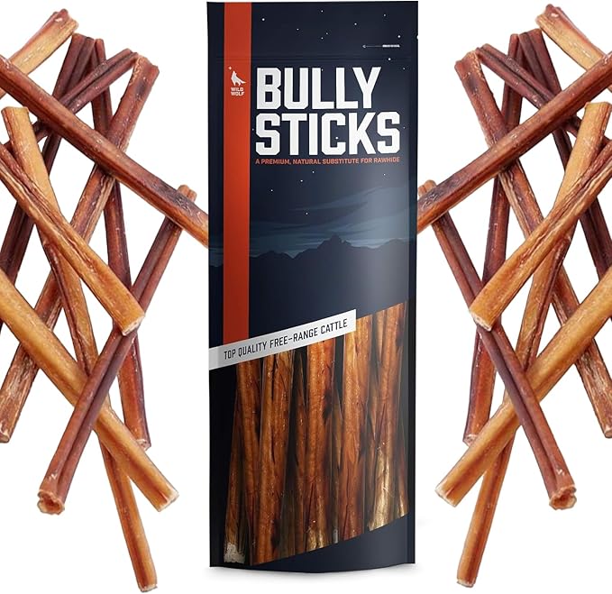 Wild Wolf 12-inch Angus Bully Sticks (8oz.) Healthy, All-Natural, Long-Lasting Dog Chew Bones - Low Odor - Mixed Thickness - Lab-Tested, Hand-Inspected and Packed with Love in The USA