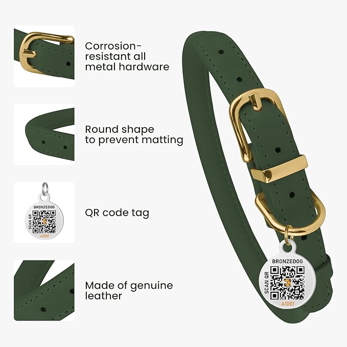 BronzeDog Rolled Leather Dog Collar with QR ID Tag, Adjustable Soft Round Collars for Small Medium Large Dogs Puppy (9" - 11" Neck Size, Emerald Green)