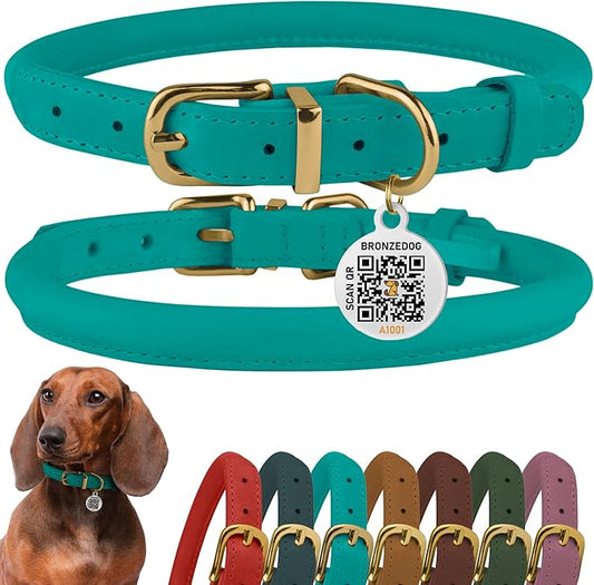 BronzeDog Rolled Leather Dog Collar with QR ID Tag, Adjustable Soft Round Collars for Small Medium Large Dogs Puppy (11" - 14 1/2" Neck Size, Turquoise)