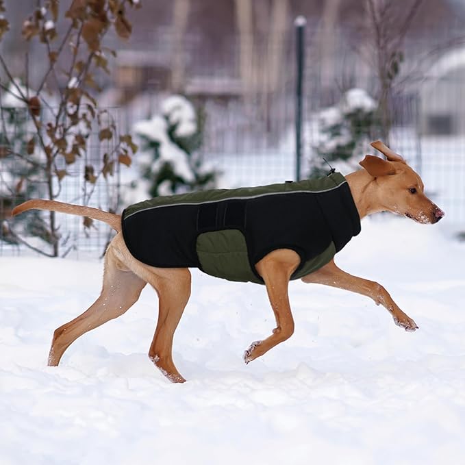 Kuoser Large Dog Coat, Winter Waterproof Dog Jackets for Large Dogs, Reflective Doggie Vest with Leash Hole, Cold Weather Coats Pet Snow Jacket for Labrador Beagle, Green XXL