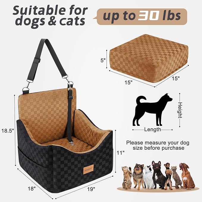 JOEJOY Elevated Dog Car Seat for Small/Medium Dogs up to 35 lbs, Memory Foam Pet Booster Seat with Detachable Washable Cover, Portable Travel-Safe Bed for Cars with Safety Belts and Storage Pockets