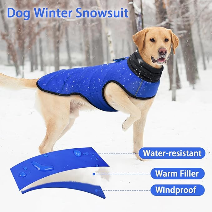 MIGOHI Lightweight Dog Coat, Windproof Dog Jacket, Puffer Jacket for Large Dogs, Padded Vest with Reflective Strips, Warm Snow Vest in Cold Weather, Easy On Hook & Loop Belly, Blue, 2XL