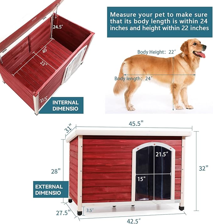 Petsfit Weatherproof Wooden Outdoor Dog House, Large, 1-Year Warranty