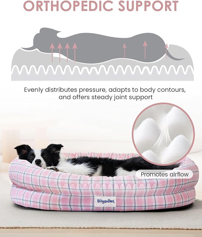 Orthopedic Dog Bed for Large Dogs, Pet Sofa Bed with Egg Crate Foam, 4-Sided Bolster, Removable Washable Cover & Anti-Slip Bottom, Large Pink Plaid