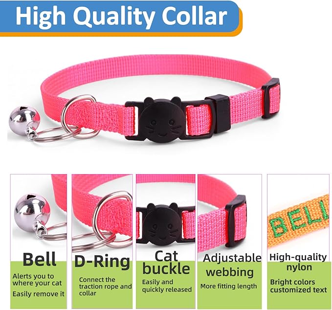 Personalized Cat Collars, Embroidered with Pet Name and Phone Number, Adjustable Nylon Breakaway Safety Release Buckle ID Collar,Custom Text with Bell for Cat or Kitten,Pink