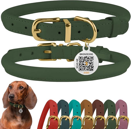 BronzeDog Rolled Leather Dog Collar with QR ID Tag, Adjustable Soft Round Collars for Small Medium Large Dogs Puppy (14" - 16" Neck Size, Emerald Green)