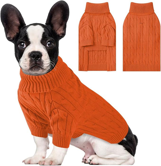 Small Dog Thermal Pullover Sweater, Classic Turtleneck Cable Knitwear Dog Clothes for Cold Weather Warm Pet Clothes for Chihuahua, Bulldog, Dachshund, Pug Orange Medium