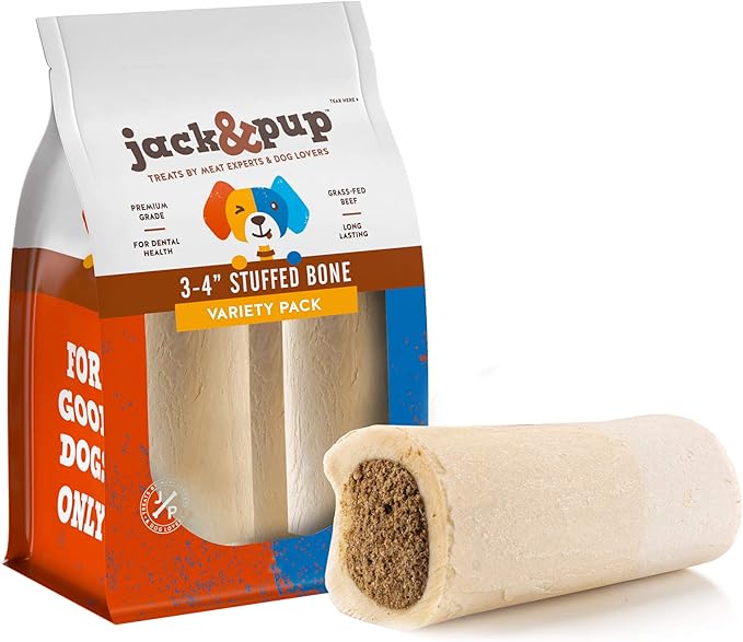 Jack&Pup 3-4" Filled Dog Bones for Small and Large Dogs, Flavored Shin Dog Bones Long Lasting, Stuffed Bone for Dogs, High Protein, Variety Pack - Bully Stick, Bacon&Cheese, Peanut Butter - 3 Pack