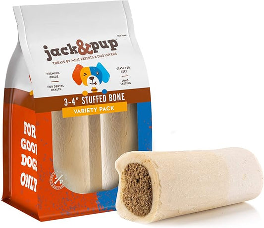 Jack&Pup 3-4" Filled Dog Bones for Small and Large Dogs, Flavored Shin Dog Bones Long Lasting, Stuffed Bone for Dogs, High Protein, Variety Pack - Bully Stick, Bacon&Cheese, Peanut Butter - 3 Pack