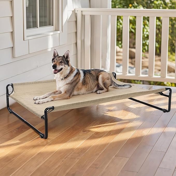 Veehoo Original Outdoor Elevated Dog Bed, Cooling Raised Dog Cot for Large Dogs, Portable Standing Pet Hammock Platform with Washable Breathable Mesh, No-Slip Feet, X-Large, Beige Coffee, CWC2201