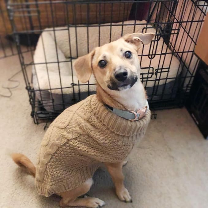 Mihachi Turtleneck Dog Sweater - Winter Coat Apparel Classic Cable Knit Clothes with Leash Hole for Cold Weather, Ideal Gift for Pet in New Year Beige 2XL
