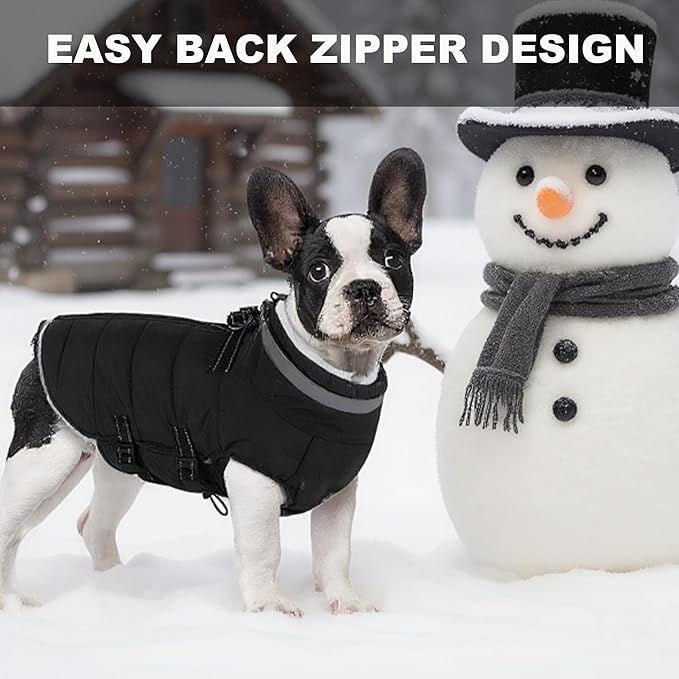 Small Dog Coat with Harness Built-in, Waterproof Reflective Fleece Lined - Warm Windproof Winter Jacket with Back Zipper, Cold Weather Snow Dog Coats - Black - XS