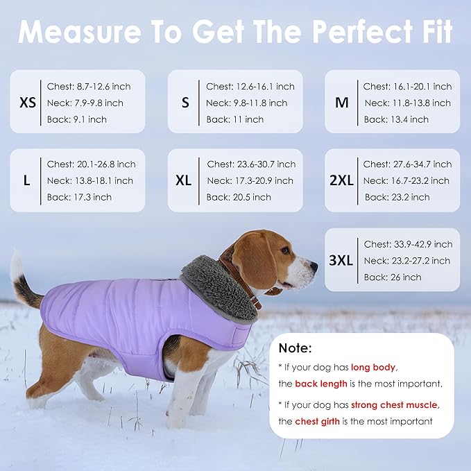 Dog Winter Coat, Waterproof Dog Jacket with Leash Hole, Reflective Adjustable Pet Snow Vest, Warm Fleece Sweater for Small Medium Large Dogs - Light Purple, XS