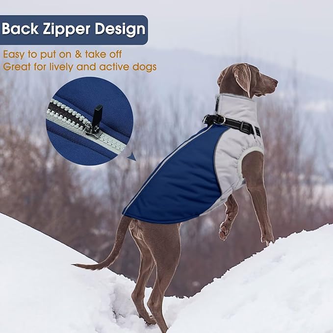 Dog Coats for Large Dogs,Winter Waterproof Jacket with Collar Built in,XXL Dog Coat for Cold Weather Warm Snow Jacket with Thermal Fleece Lining,Reflective Pet Snowsuit Large,Blue,2XL