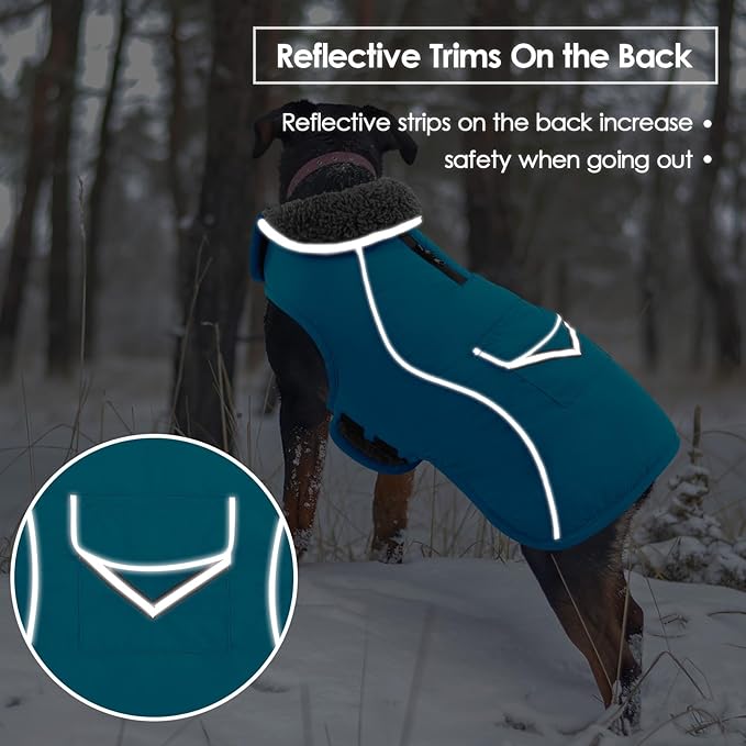 SUNFURA Dog Coat, Large Dog Jacket Reflective Winter Coat for Cold Weather, Windproof Pet Snow Jacket with Pocket, Warm Fleece Sweater Clothes for Large Dogs, Turquoise L