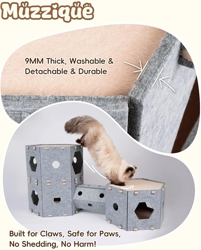 2-Storey Cat Cube, for Indoor Cats&Small Dogs, with Hair Brush, Without Tunnel, DIY Large Expandable Modular Felt Pet House, Stackable Kitten Perch Nest, Peekaboo Kitty Cave, Washable Puppy Condo Bed
