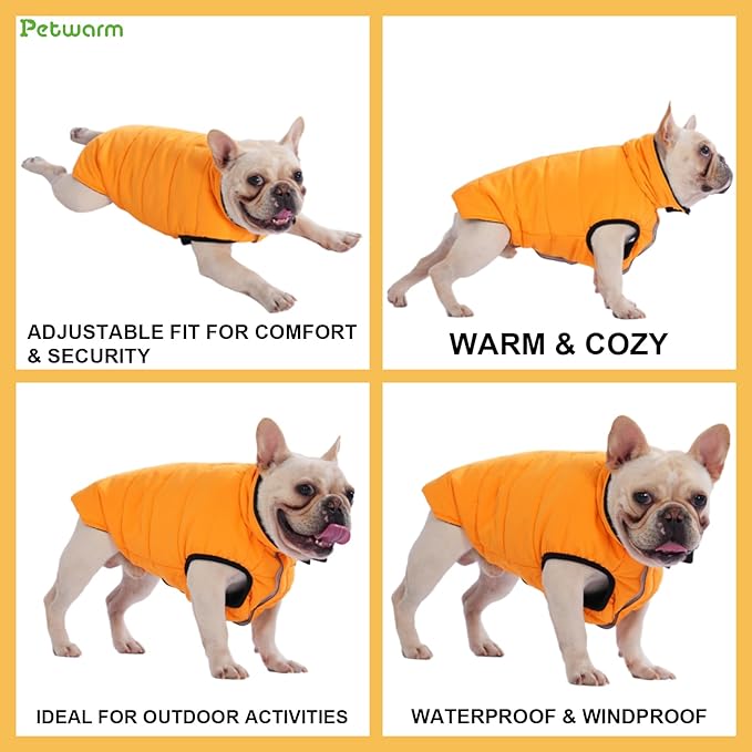 PetWarm Reversible Dog Cold Weather Coats, Waterproof Dog Puffer Vest, Vest for Dogs with Hook-and-Loop Strap, Windproof Outdoor Coat for Winter Walks and Snowy Days, Orange, S