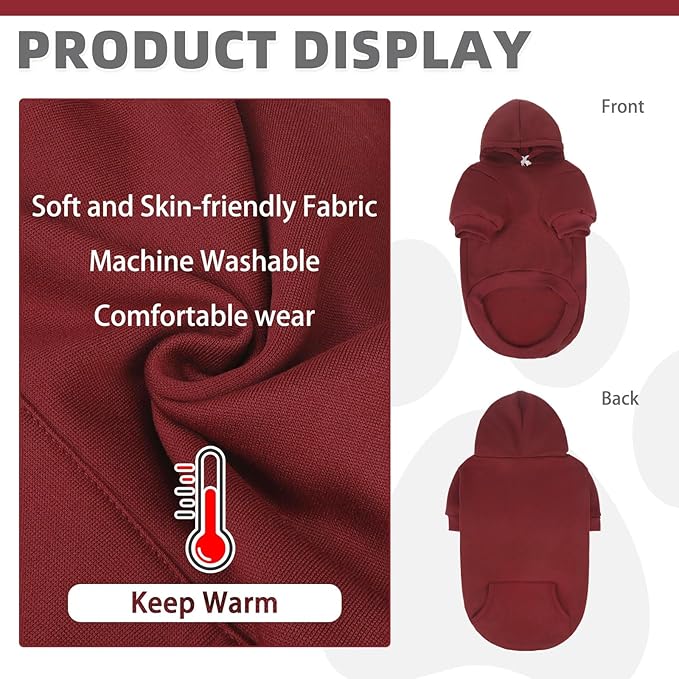 KOOLTAIL Basic Dog Hoodie - Soft and Warm Dog Hoodie Sweater with Leash Hole and Pocket, Dog Winter Coat, Cold Weather Clothes Sweatshirt for Small Medium Large Dogs Puppy Cat Boys Girls Deep Red L