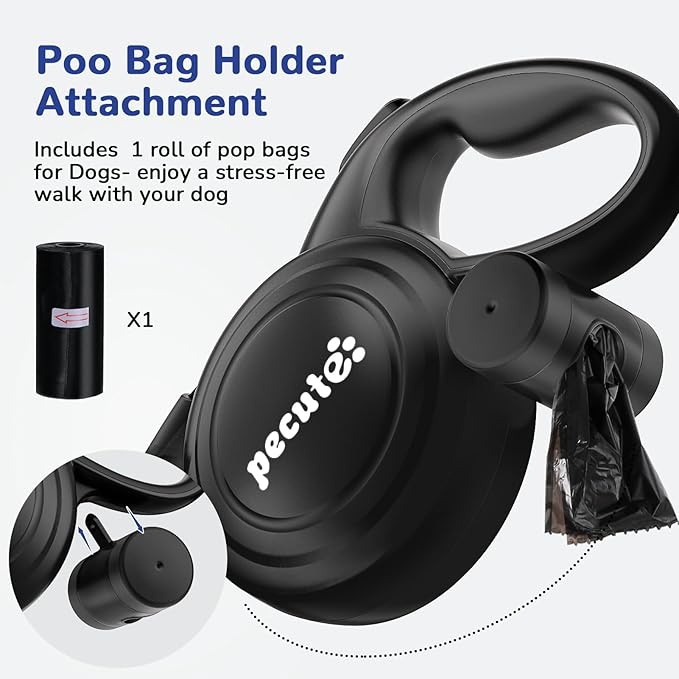 Pecute 32ft Retractable Dog Leash with Reflective Strips, One-Button Control & Sturdiness Nylon Material, Long Leash Retractable with Poop Bag Holder for Medium Large Dog