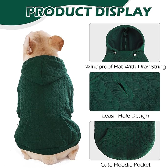 EXPAWLORER Textured Cable Knit Basic Dog Hoodie, Elevated Style Dog Sweater with Leash Hole and Pocket, Soft and Warm Pet Winter Coat, Cold Weather Clothes for Small Medium Large Dogs,Dark Green XL