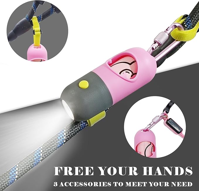 Dog Poop Bags Holder with LED Flashlight|Pet Waste Bags Dispenser for Leash|Doggie Potty Bags Container with Leak-proof Pet Trash Bags and Accessories (1 Holder 195 Bags, Pink)